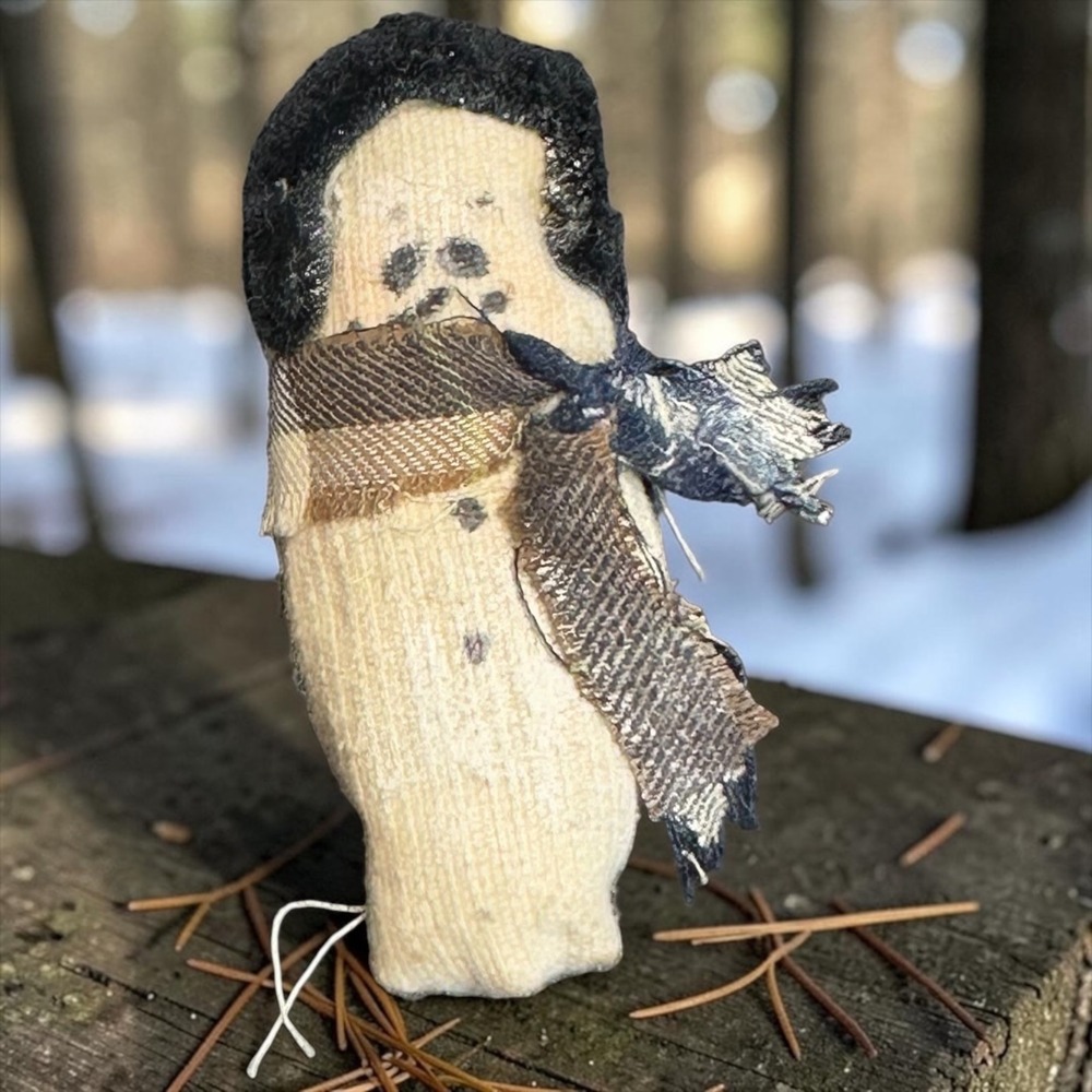 Primitive Snowman Brooch Handmade Fabric Folk Art Winter Pin Rustic Holiday